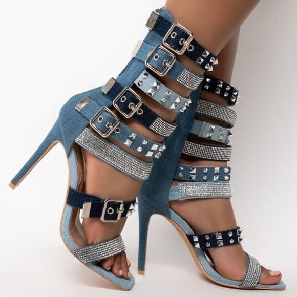 Callie Lives Shoes - Callie Spiked & Studded: Denim Gladiator Stiletto Sandal 7.5